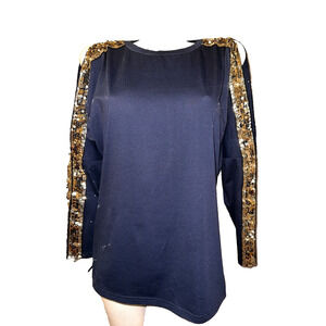 New YOINS Top Women's Size S Blue Cold Shoulder Long Sleeve Shirt w/Gold Sequins